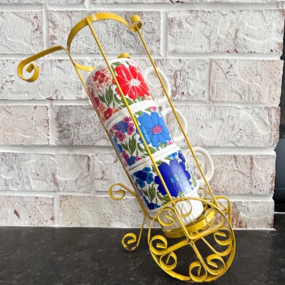 Vintage Made in Japan Stacking Mugs with Metal Carrier - Picture 1 of 10